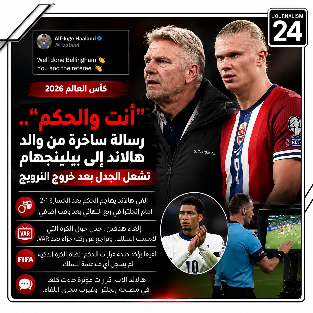 أنت والحكم".. رسالة ساخرة من والد هالاند إلى بيلينجهام تشعل الجدل بعد خروج النرويج